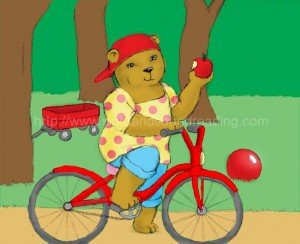 Bear on bike eating an apple: reading tutorial, learning games, phonics reading instruction, beginning sound worksheets, teaching phonics to struggling readers, reading programs, how to read, interactive books, learning,