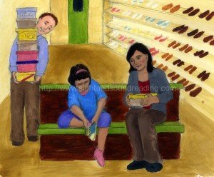 Mom and daughter buying shoes: reading videos, reading readiness test, how to read, reading help for dyslexia, ABC, reading and writing , video tutor learn to read, beginning sound worksheets, word families, free,