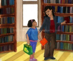 Mom and daughter at a library: pre-kindergarten, teaching aids, learning to read, interactive books, letters, homeschool reading curriculum, free reading lessons, reading, reading readiness skills,