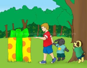 Boy with animal friends and a gift: reading comprehension, free reading worksheets, basic sight vocabulary, word families, remedial, sight words, education, children's education,