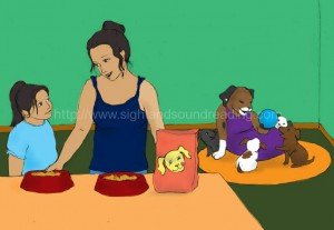 girl and mom feeding puppies: tutor for reading, language arts, explicit phonics instruction, sight words, remedial, electronic books, reading help for sensory processing disorder, phonics reading instruction, practice reading,