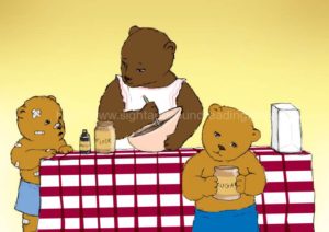 Mama bear making cake with baby bears: literacy, decoding, phonics videos, reading readiness test, video tutor learn to read, phonics lessons, kindergarten, reading practice, pre-kindergarten,