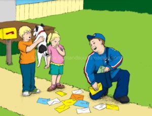 mailman making friends with a dog: phonics online practice, phonics reading tutor, remedial reading instruction, reading help for sensory processing disorder, kindergarten, reading programs, reading practice,