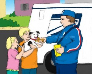 mailman making friends with dog: phonemic awareness, alphabet, reading skills ladders, free reading worksheets, phonics reading instruction, learning to read, homeschool curriculum for reading, interactive books, free,