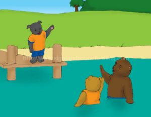 puppy waving at bear in water: sight words, teaching reading in 15 minutes/day, flashcards, phonics program for struggling readers, decoding, phonics lessons, teaching aids, Help your child to read in 120 days,