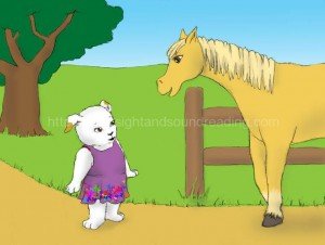 puppy meets horse on path: interactive learning, education, sight word reading tutor, reading help for sensory processing disorder, educators, reading and writing , free, remedial, children,