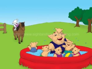 puppy rides horse to the pigs in the pool: sight words, ABC, Help your child to read in 120 days, reading comprehension, electronic books, first grade, alphabet, phonics lessons,