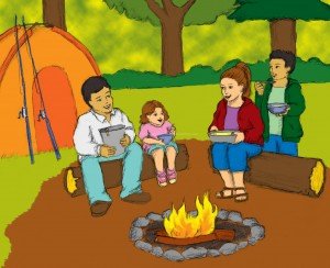 Family sitting around campfire while camping, writing journals, beginning sound worksheets, reading comprehension, ABC, phonics activities, educators, free printable worksheets reading,