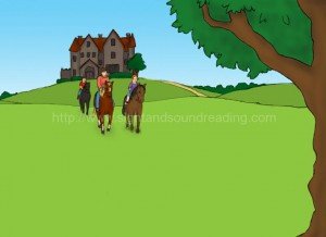 children riding away from castle: writing journals, reading readiness test, educational software, educational games, word families, phonics, homeschool reading curriculum, phonics online practice,