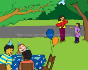 girl arrives at birthday party with mom: learning aids, beginning sound worksheets, reading comprehension, remedial, phonics, workbooks, activity books, reading comprehension, reading readiness skills,