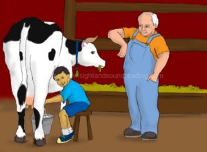 boy milking a cow, basic sight vocabulary, education, multisensory methods to teach reading, educational games, activity books, how to read, video tutor learn to read, phonics videos, learning