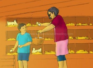 Grandma and grandson getting eggs from the barn: remedial reading instruction, reading comprehension, learning, sight word reading tutor, language arts, remedial, reading and writing , kindergarten, home schooling,