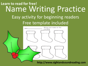 Name writing practice on stockings! Fun Christmas time activity. Visit https://www.sightandsoundreading.com to get your free worksheet.