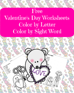 Free Valentine's Day worksheet for preschool or kindergarten. Color by letter and color by sight word worksheets great for Valentine Day fun!