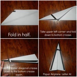 Steps to make a paper airplane that turns into a letter A. Great way to teach the letter A!