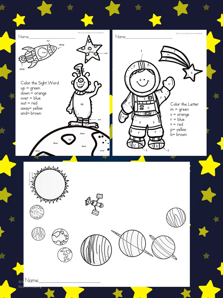 Outer Space Coloring Pages - Color by Letter/Color by Sight Word Pages with an Outer Space Theme. Great for Preschool or Kindergarten. 