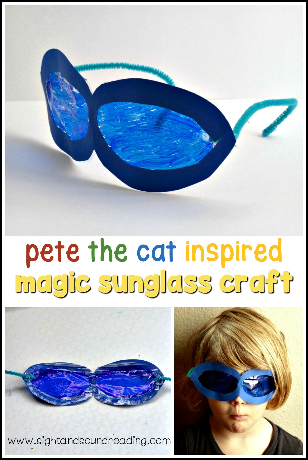 This fun craft lets kids create their own set of Pete the Cat magical sunglasses craft based on Pete the Cat and His Magical Sunglasses.